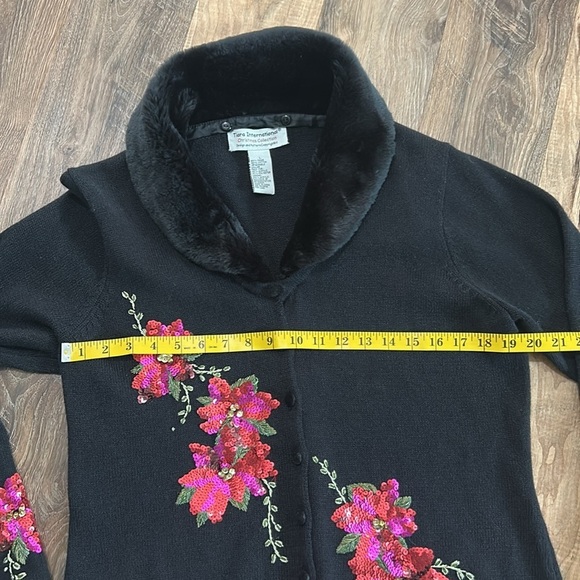 Tiara International Christmas Collection Poinsettia Blk Cardigan Sequin Beads L - Picture 8 of 16